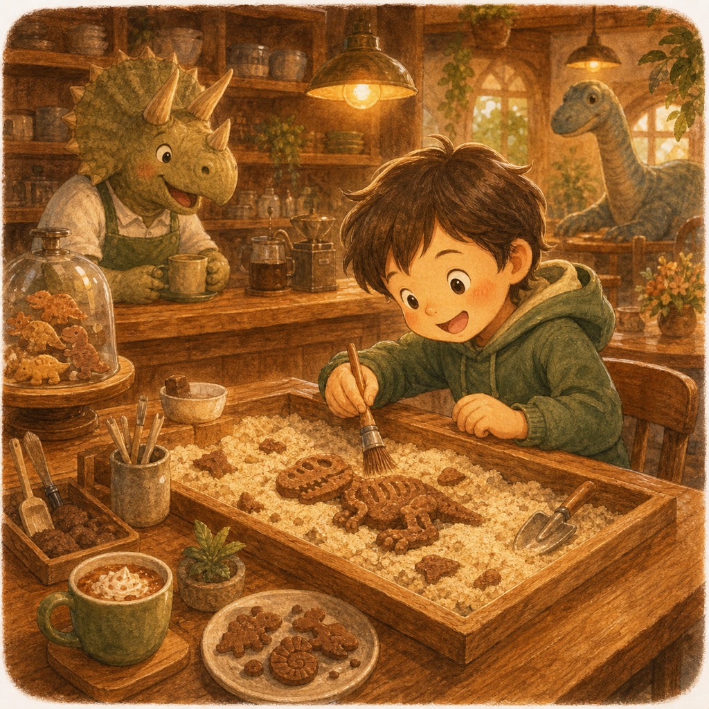 砂場つきカウンターでクッキーを発掘するイラスト