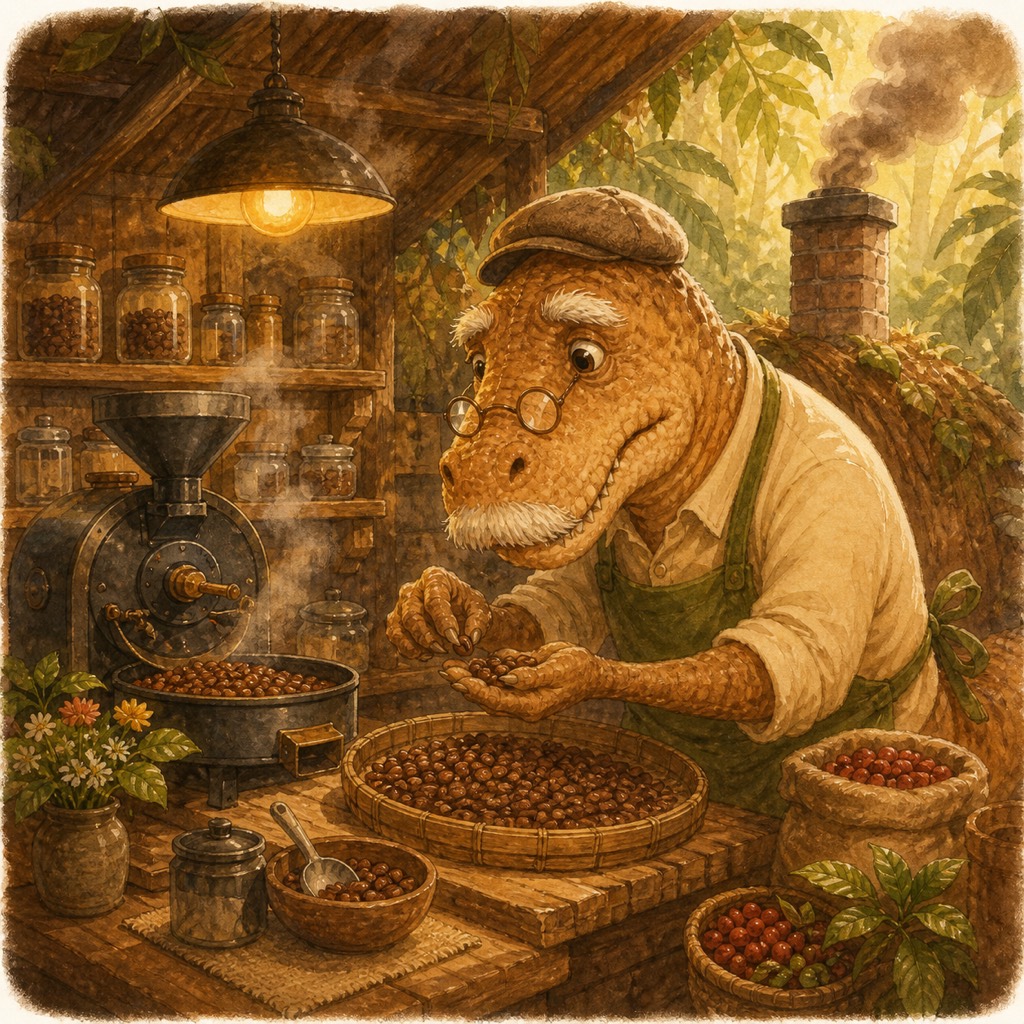 焙煎小屋で豆を選ぶ店長ティラじいのイラスト