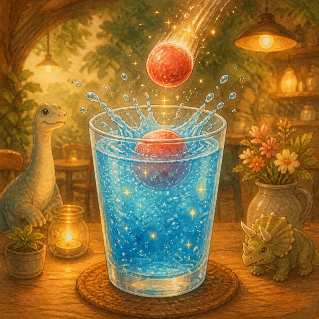 赤い隕石シャーベットが落ちる青いソーダのイラスト