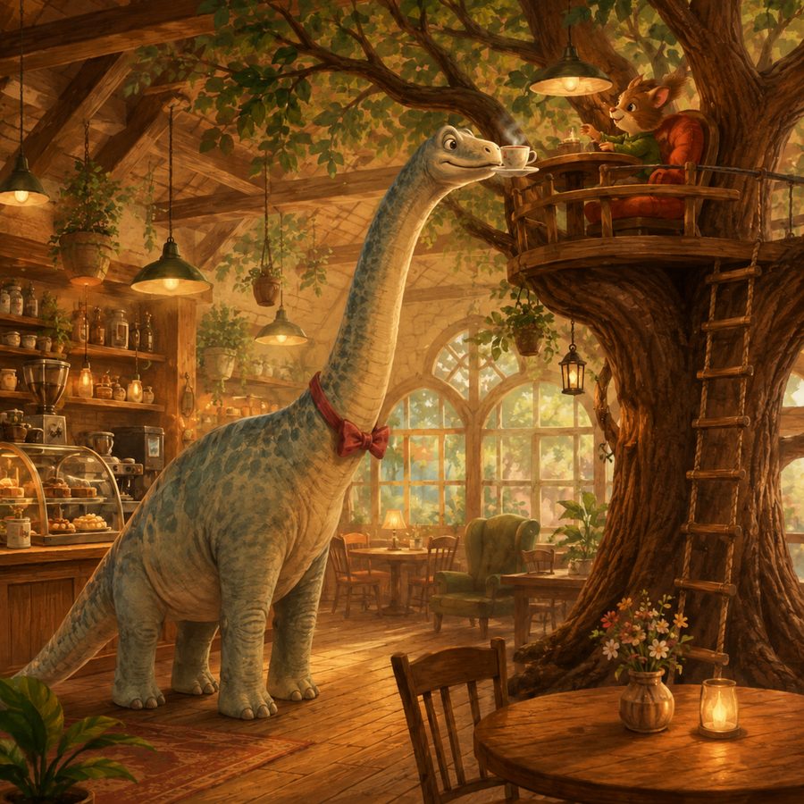 木の上の席に配膳するブラキオさんのイラスト