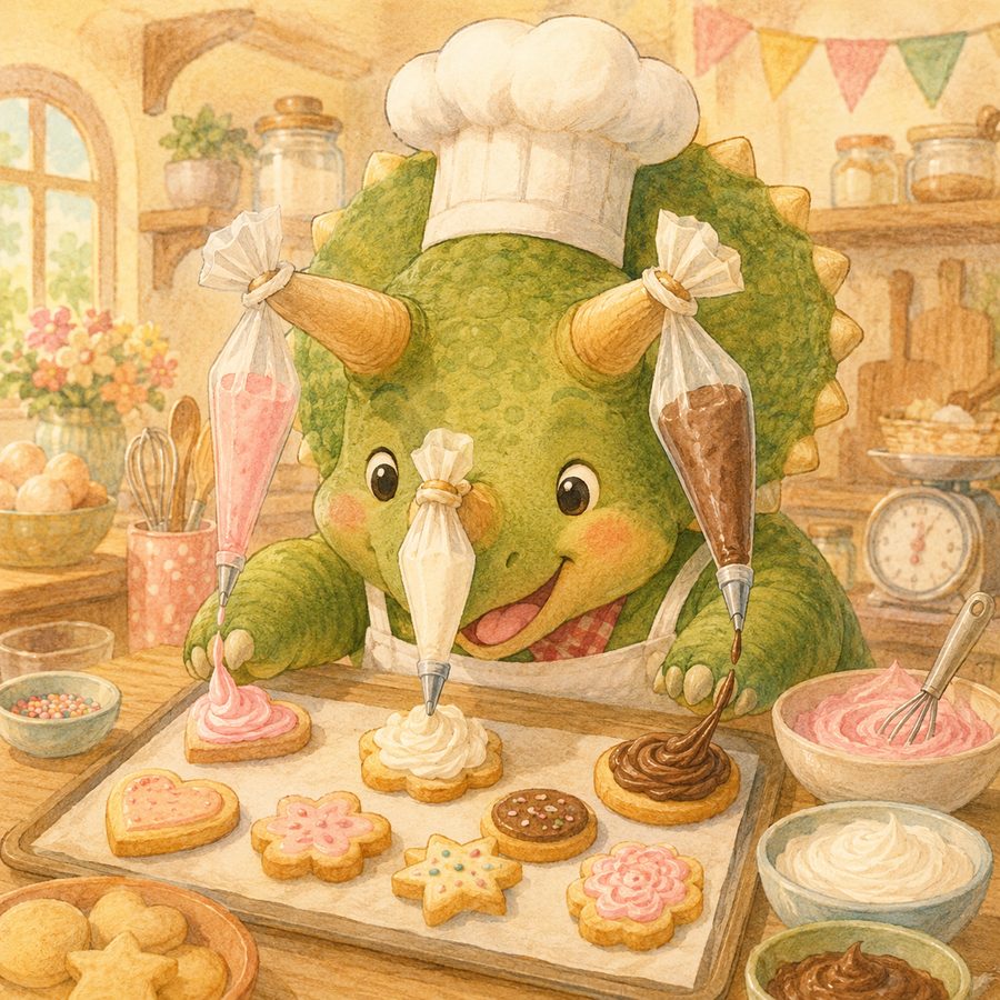 クッキーにクリームを絞るトリケちゃんのイラスト
