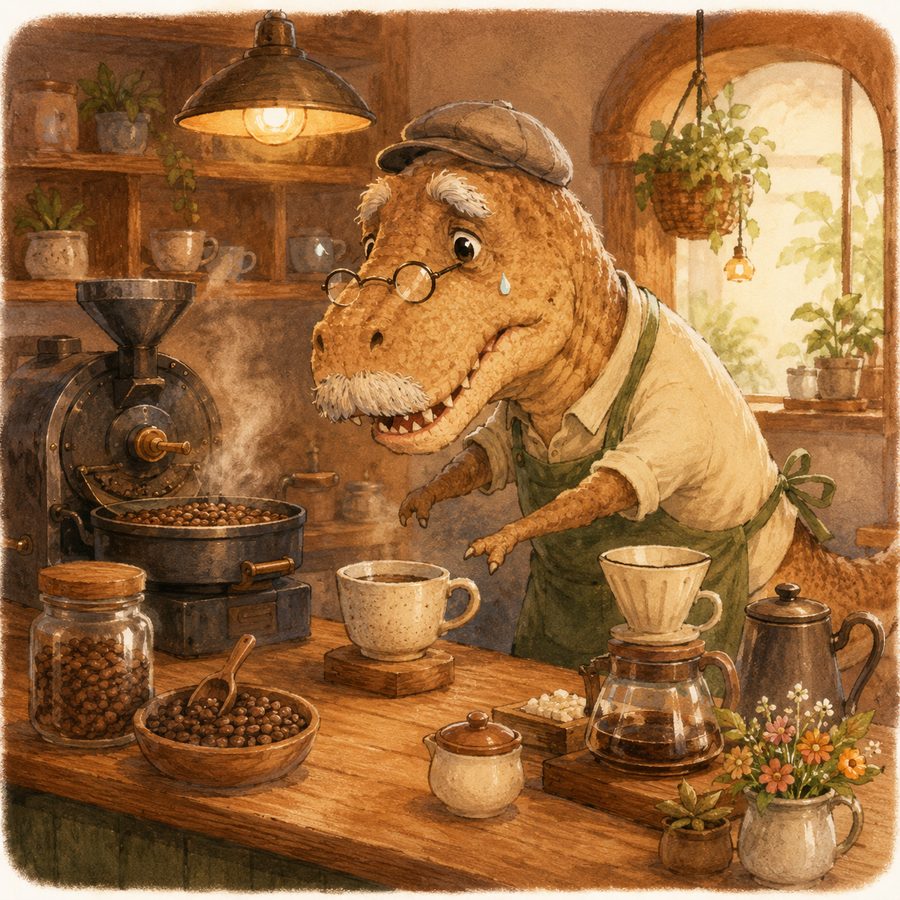 コーヒーを焙煎する店長ティラじいのイラスト